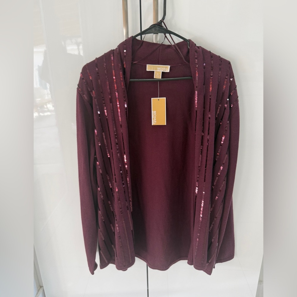 Michael Kors Sequin-Trim Open Cardigan - Wine